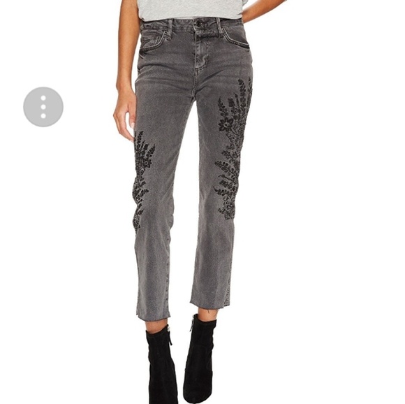 FREE PEOPLE JEANS Grey with Black Embroidery and relaxed boyfriend fit - Picture 2 of 6